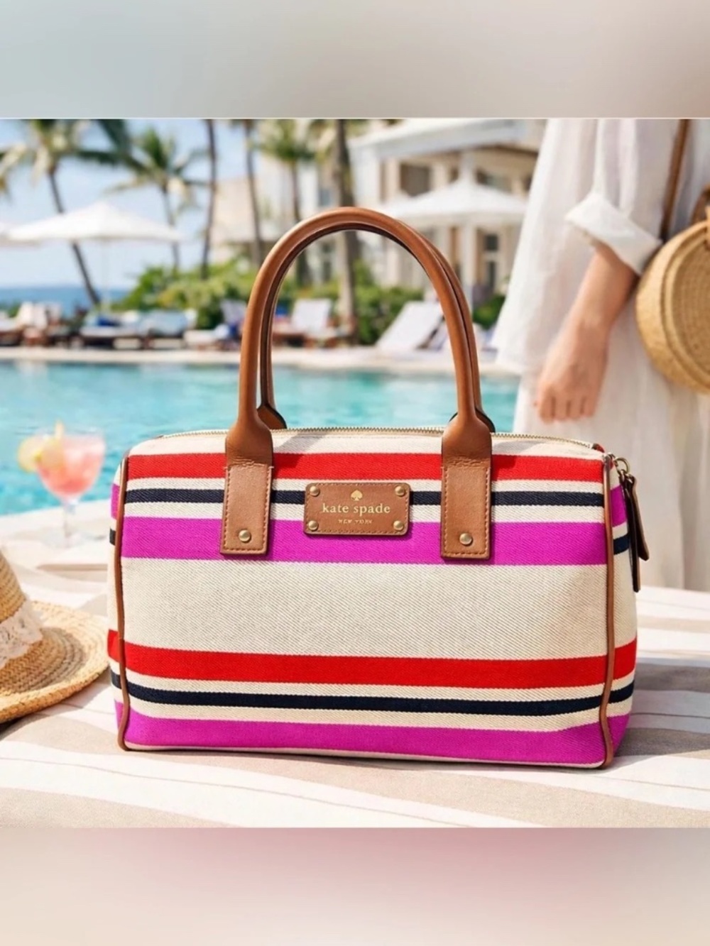 Kate Spade New York Kaleigh Oak Island Pink Stripe Canvas Satchel Handbag Purse